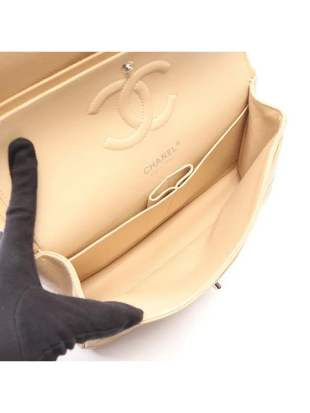 Chanel Shoulder Bag Quilted Double Flap Light Beige Caviar Leather Chain